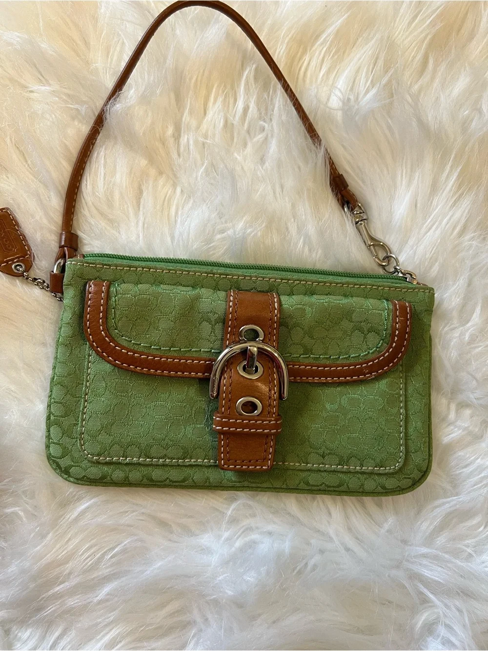 Coach Green Wristlet Phone Case with Brown Leather Trim